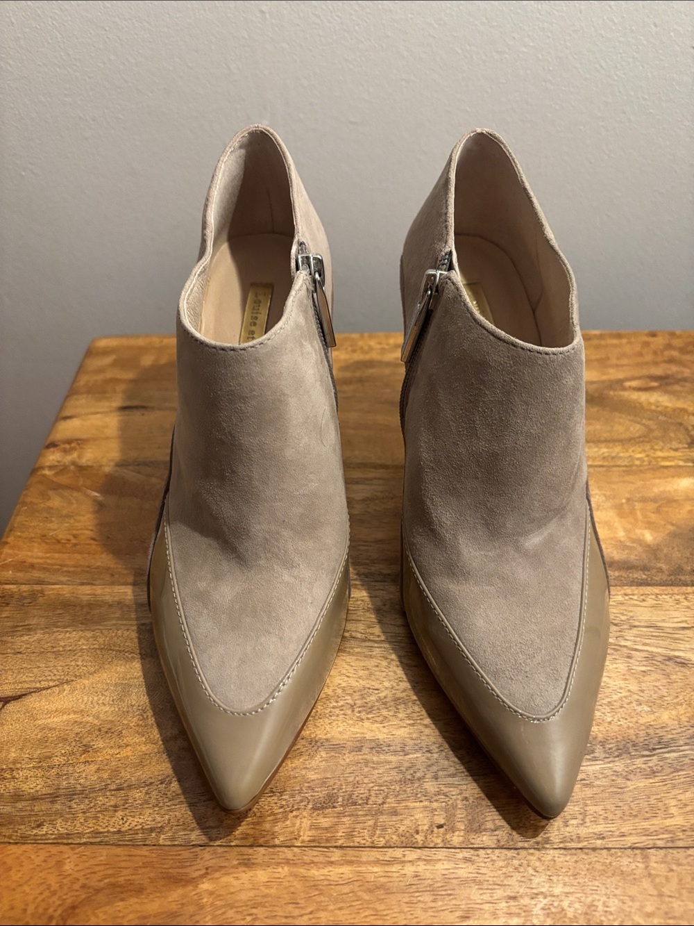 Louise et Cie Taupe Suede & Leather Pointed Toe Ankle Booties